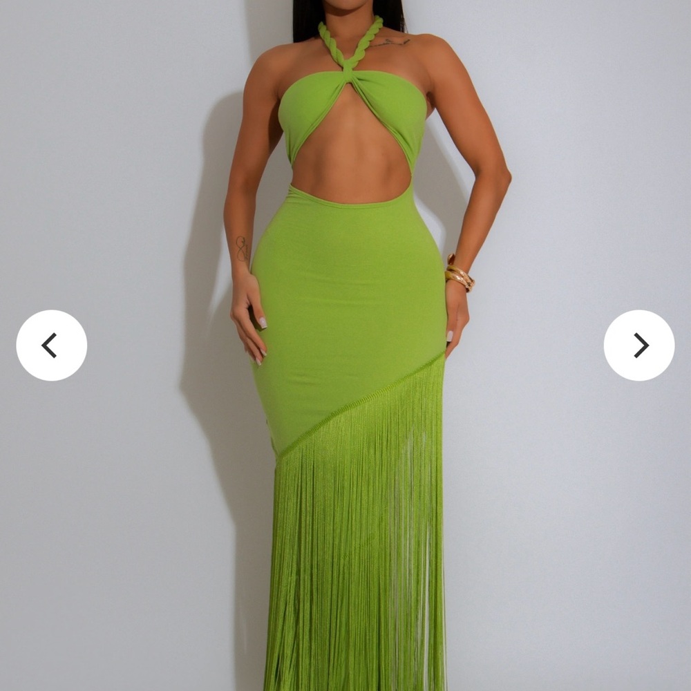 Vibrant Green Halter Cutout Fringe Dress
